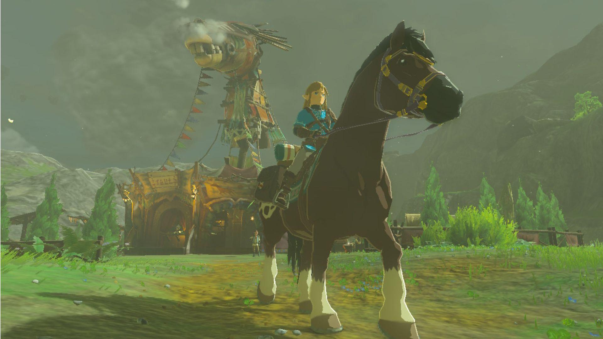 'Tears of the Kingdom' Link leaving a stable on horseback.