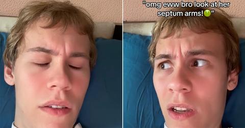 A man reacting to septum arms.