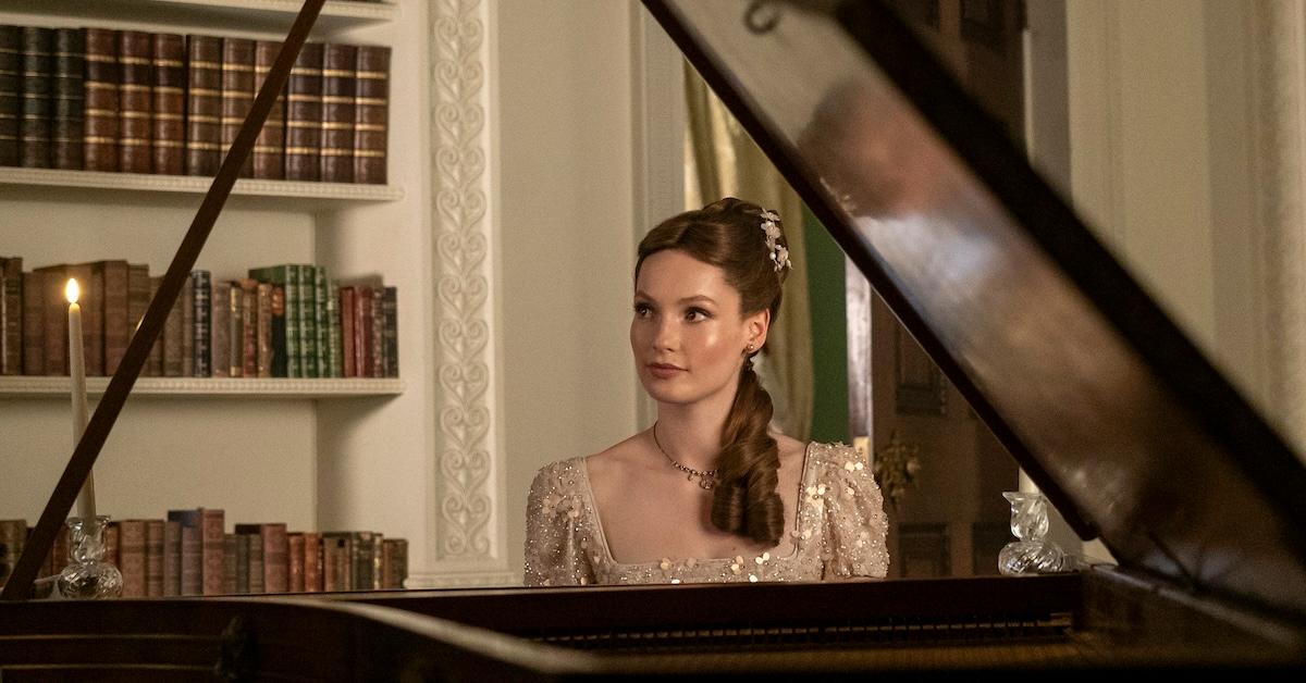 Francesca sits at the piano in 'Bridgerton' Season 3