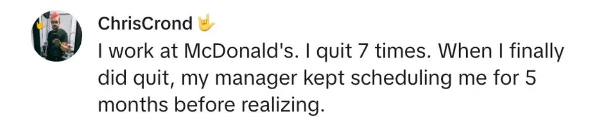 Comment on viral video of McDonald's worker wanting to quit during rush.