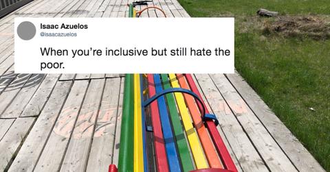 Man Blasts "Inclusive" Rainbow Bench Designed to Prevent Homeless People Sleeping On It
