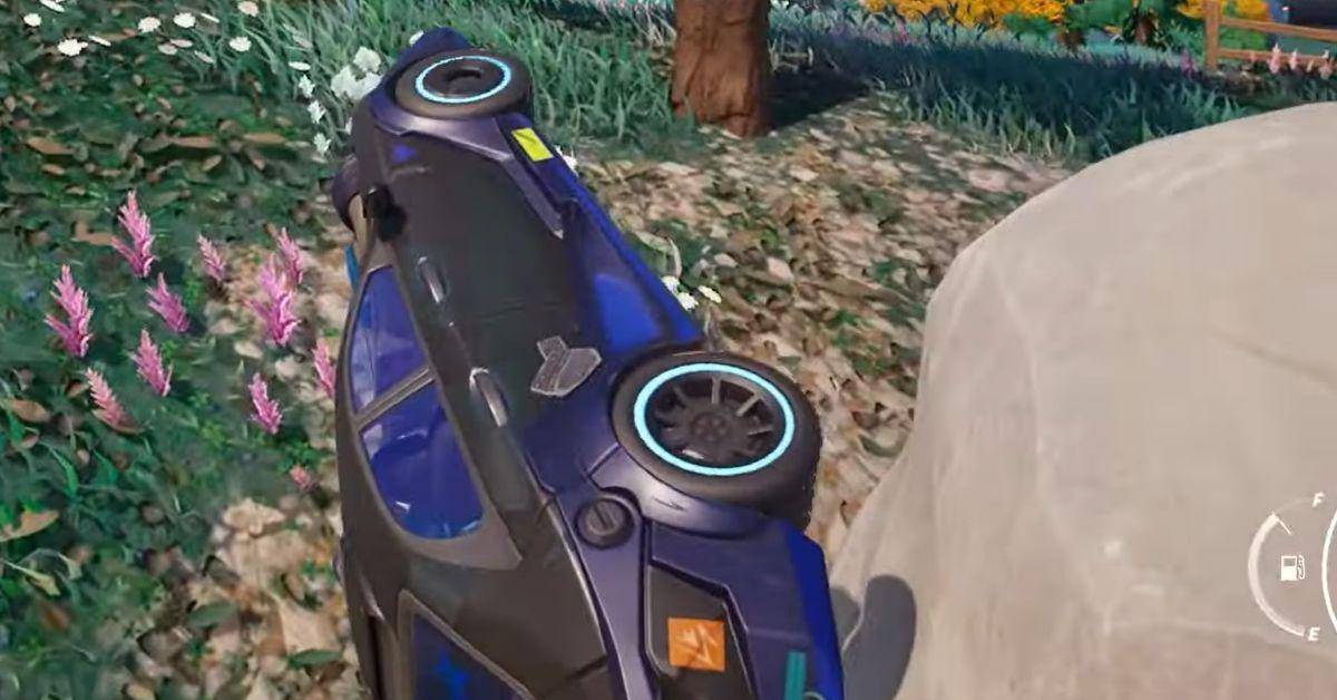 A vehicle turned sideways in Fortnite.