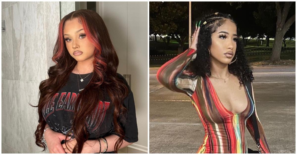 Alabama Barker poses in the bathroom wearing a red and black shirt, Aya poses in a parking lot wearing multi-colored dress.