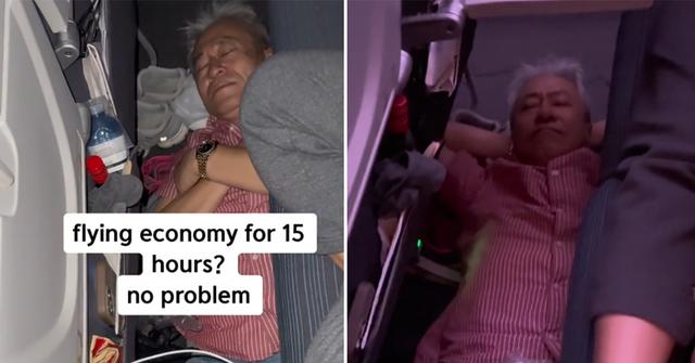 Dad sleeps on floor of airplane