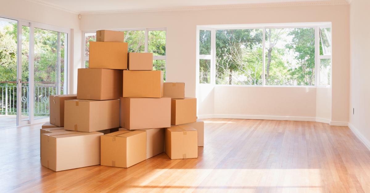 Boxes stacked in the living room.