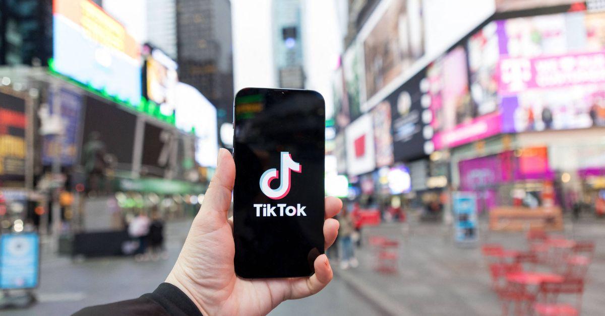 The TikTok logo on a phone screen in New York City. 