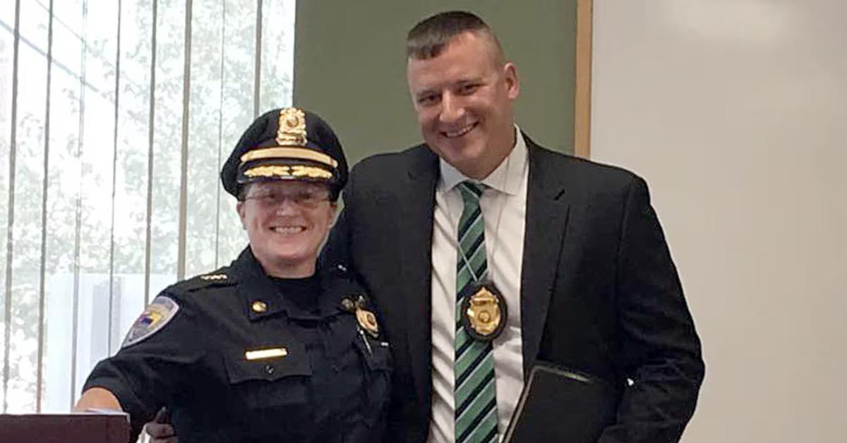 Matthew Farwell and Stoughton police chief Donna McNamara in 2017.