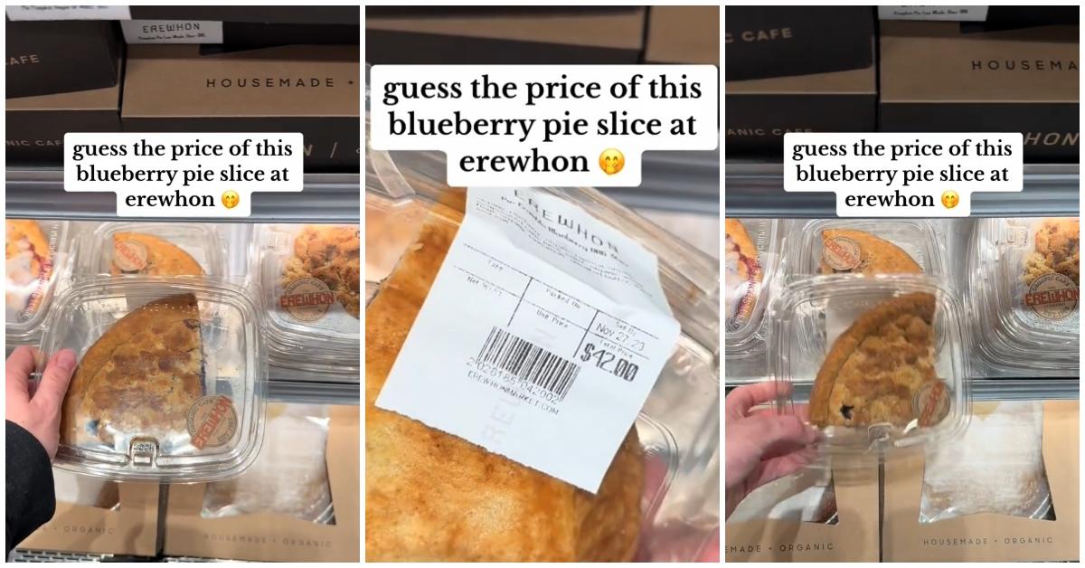 (l-r): A woman holding a sliice of Erewhon blueberry pie