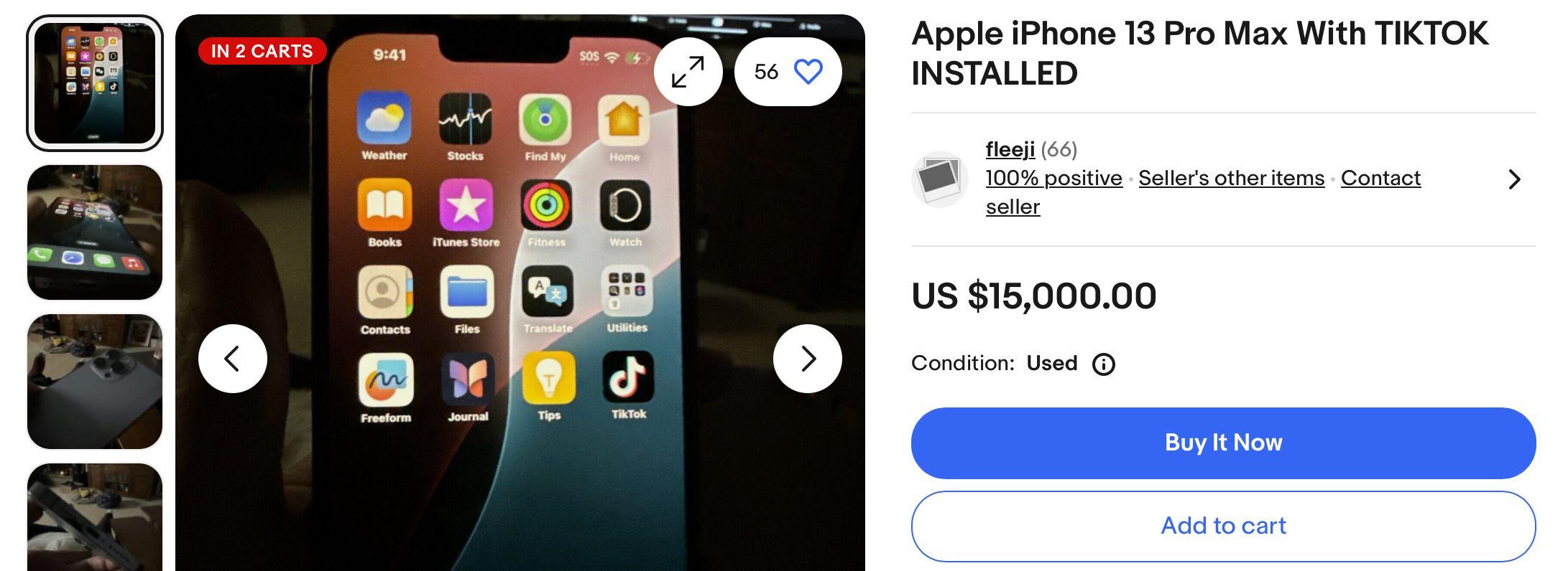 eBay user lists their iPhone 13 with TikTok installed for $15,000.