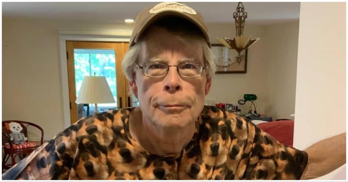 Stephen King wears a shirt with many photos of his dog on it.