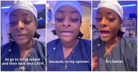 A woman explains how she earns high pay working at a CATH Lab