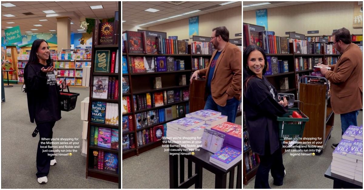 A woman meet author Brandon Sanderson while shopping for his book at Barnes & Noble.