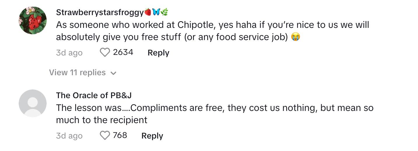 tiktok comment chipotle customer compliment employee