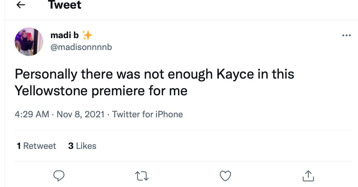 A tweet about Kayce's scenes in the Season 4 premiere of 'Yellowstone'