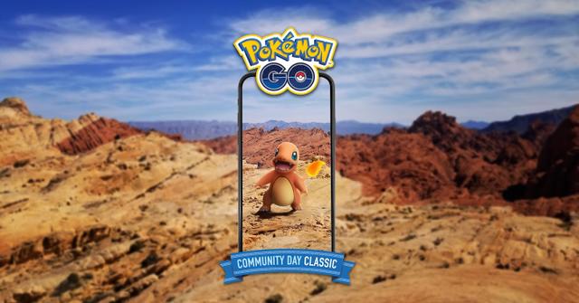 'Pokémon GO' Image of Charmander standing in a rocky desert.