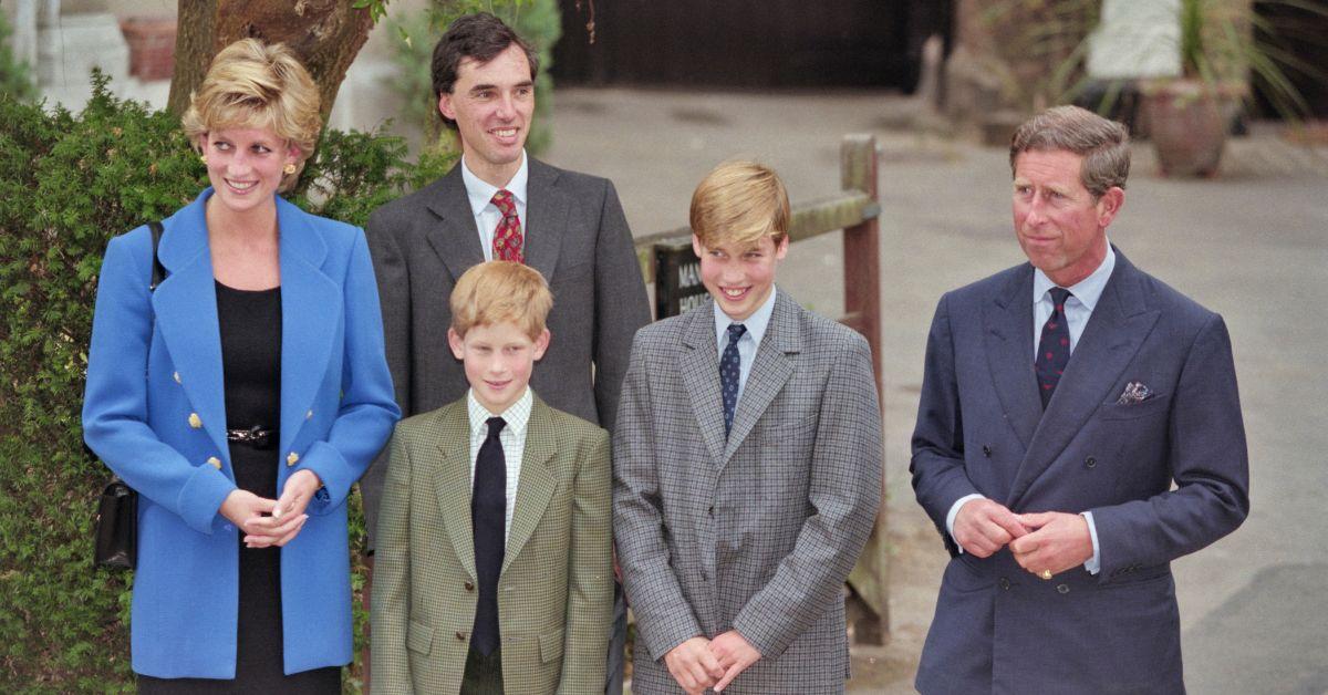 (l-r): Princess Diana Dr Andrew Gailey, Harry, Prince William, and Prince Charles at an event in 1995.