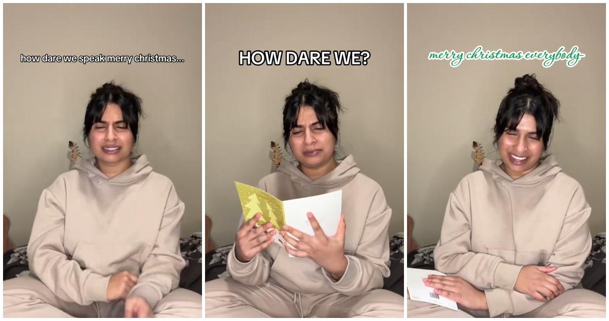 A woman doing the "How dare we speak merry christmas" on TikTok