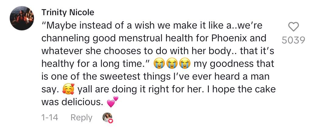 Comment on video of mom's period cake she made for her daughter to celebrate her getting her period.