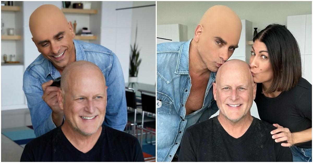 John Stamos wearing a bald cap while shaving Dave Coulier's head.