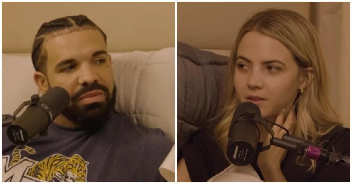 Drake and Bobbi Althoff sit in bed doing an interview looking at each other awkwardly.