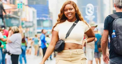 Kidnapping victim carlee russell walks the streets of new york wearing a purse and khaki skirt set.