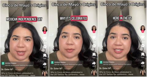 Collage of TikToker explaining the origins of Cinco de Mayo