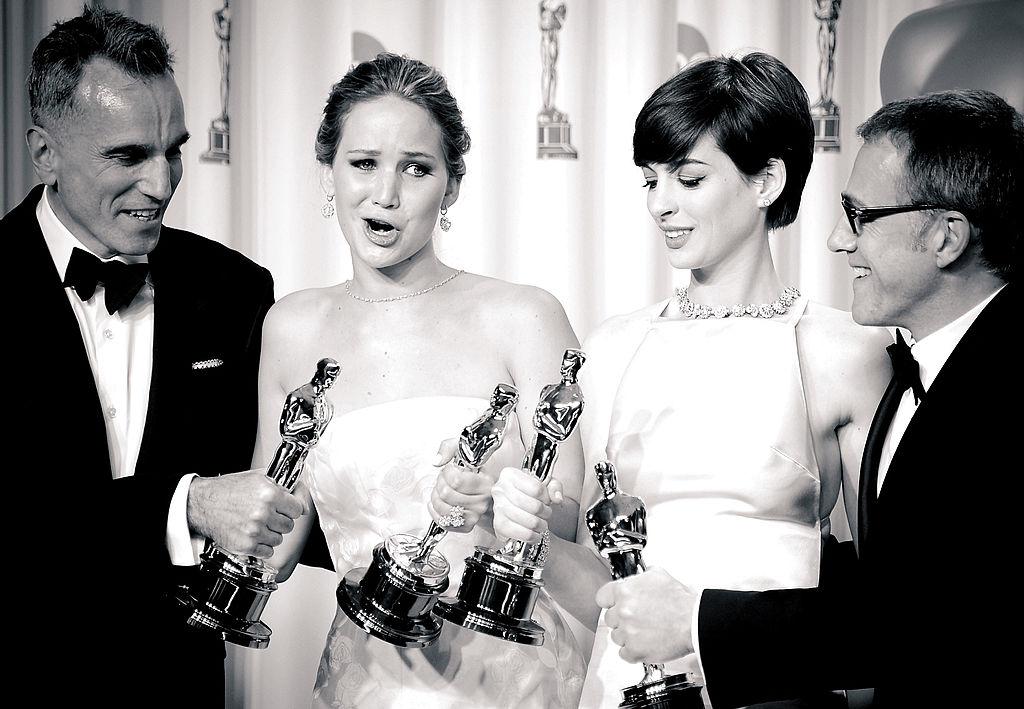 Daniel Day-Lewis, Jennifer Lawrence, Anne Hathaway, and Christoph Waltz at the Oscars