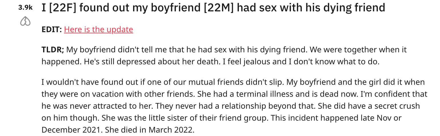 A Reddit user's post about boyfriend cheating with terminally ill friend