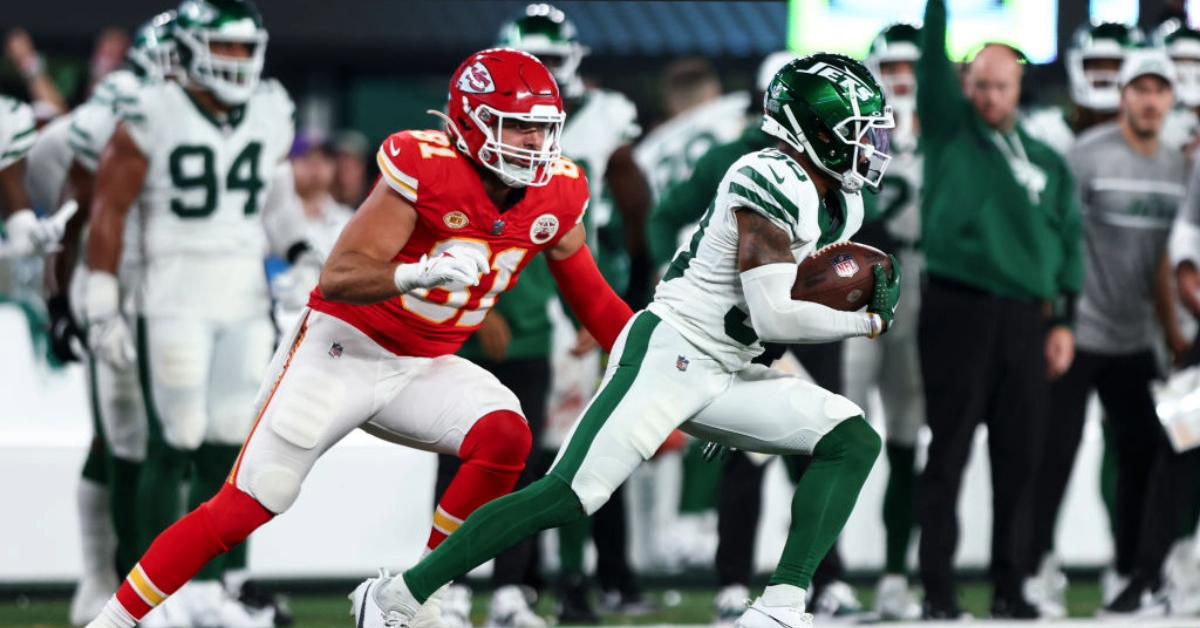 Michael Carter II #30 of the New York Jets intercepts a pass during an NFL football game against the Kansas City Chiefs at MetLife Stadium on October 1, 2023 in East Rutherford, New Jersey.