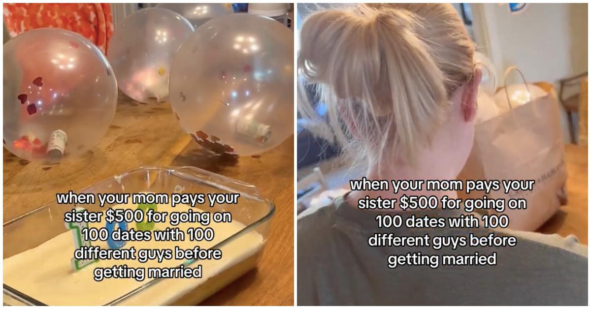 Girl's mom celebrates her going on 100 dates alloons with five $100 bills and a cake