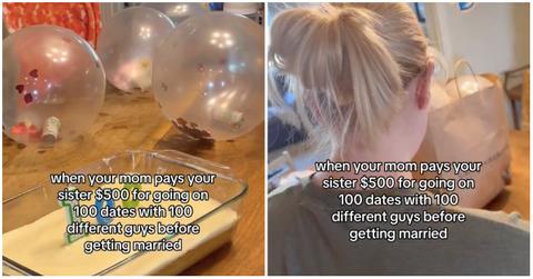 Girl's mom celebrates her going on 100 dates alloons with five $100 bills and a cake