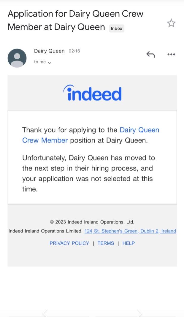 dairy queen job rejection email