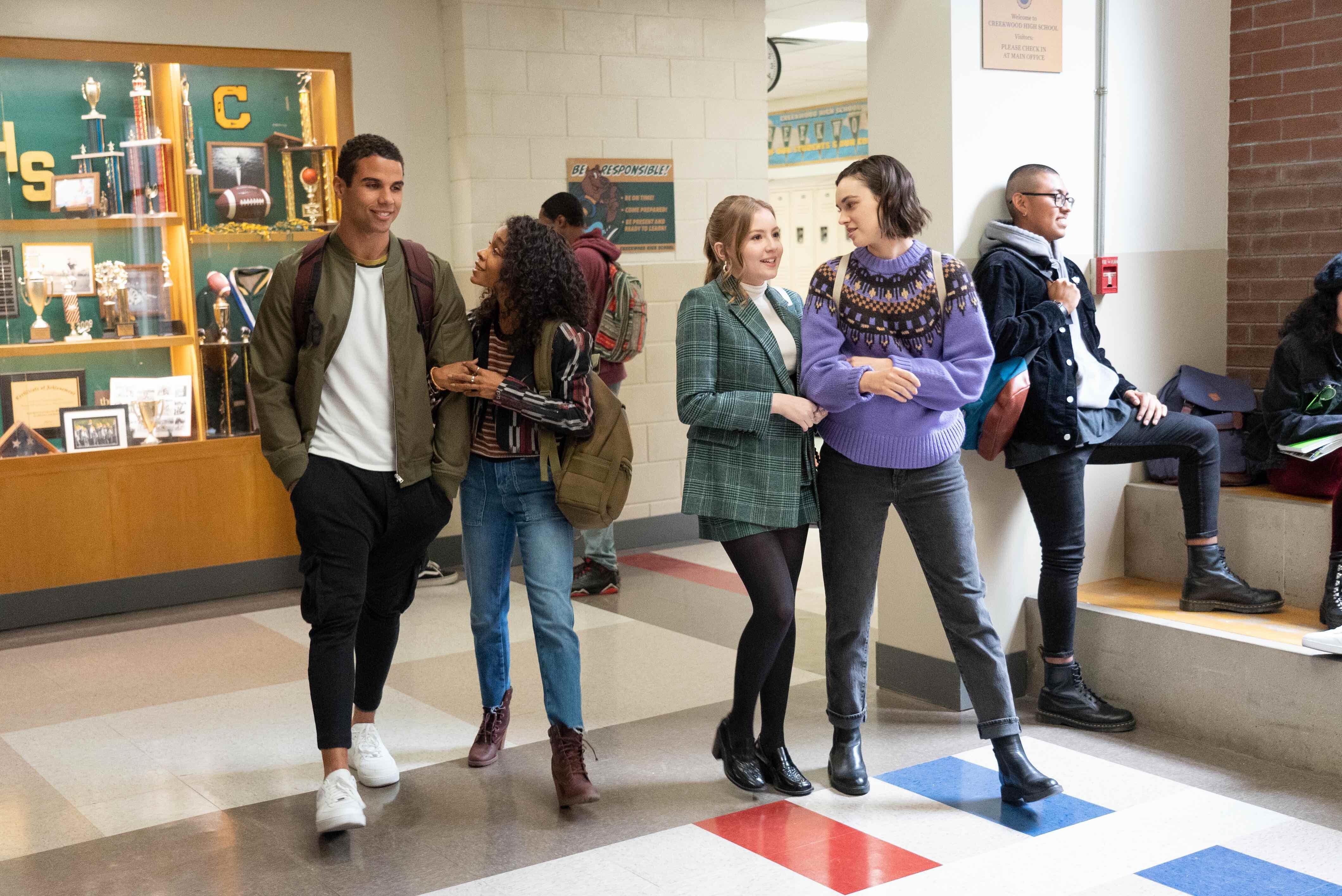 Andrew, Mia, Lake, and Lucy walking the halls in Season 3 of 'Love, Victor.'