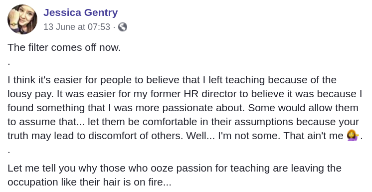 Viral post of teacher going on an unfiltered rant after quitting her job.