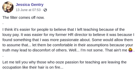 Viral post of teacher going on an unfiltered rant after quitting her job.