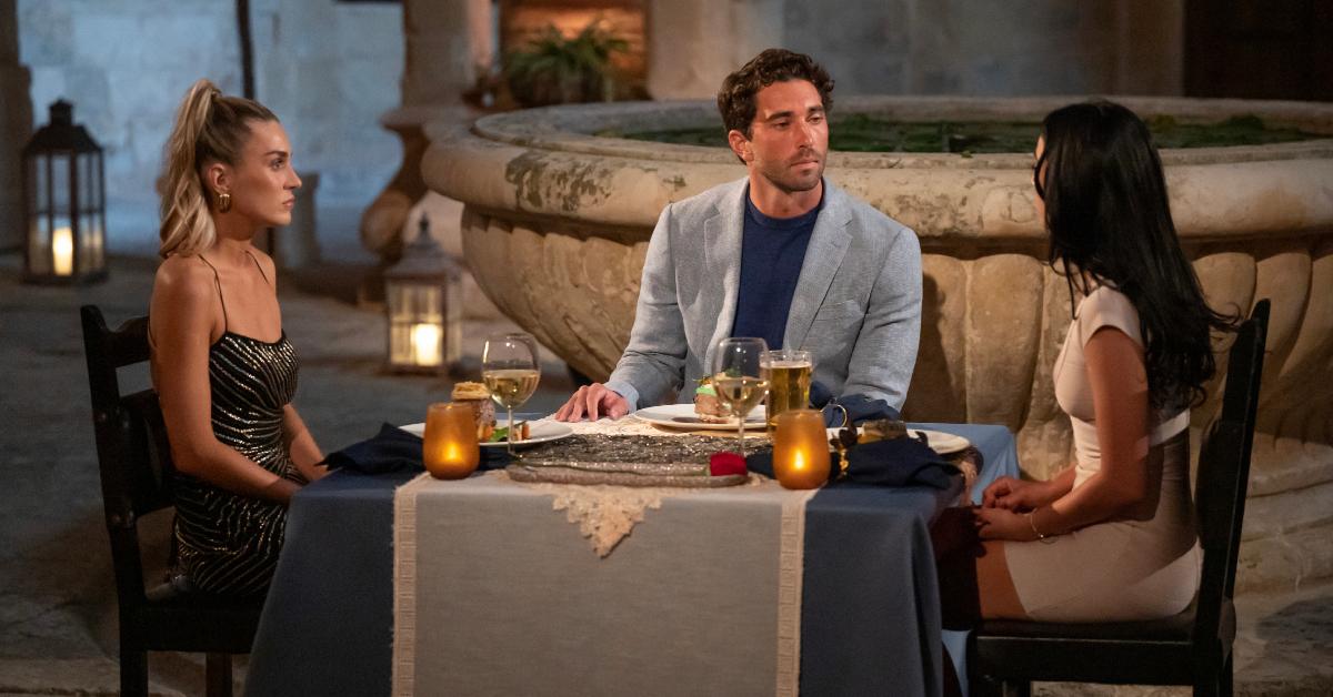 (L-R) Sydney Gordon, Joey Graziadei, and Maria Georgas during their 2-on-1 dinner date in Season 28 of 'The Bachelor.'