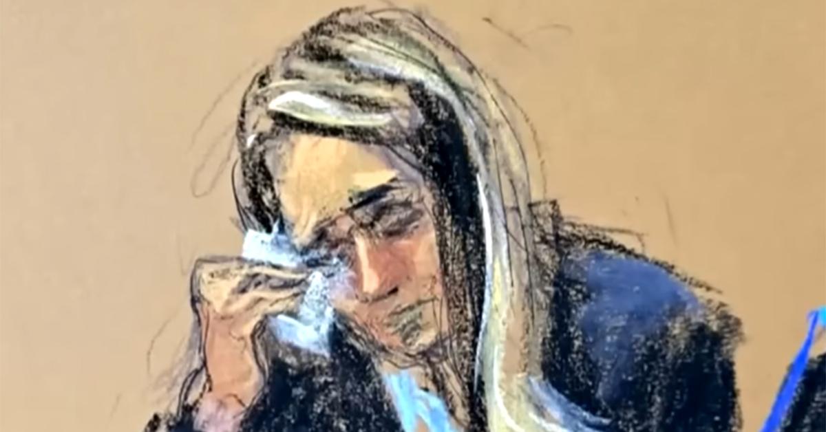 A courtroom sketch of Hope Hicks crying while testifying against Donald Trump (Artist: Jane Rosenberg)