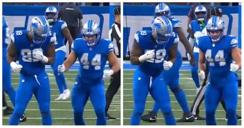 Detroit Lions defensemen celebrate a big play with Trump's dance.