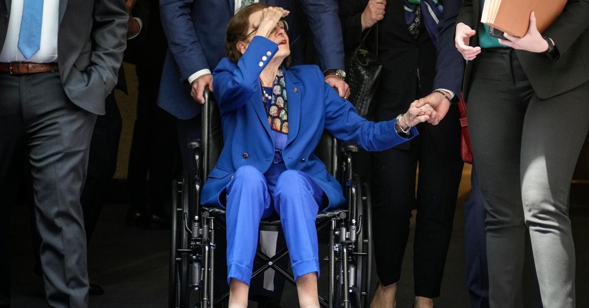 Senator Dianne Feinstein in a wheelchair after a business hearing of the Senate Judiciary Committee on Capitol Hill May 11, 2023