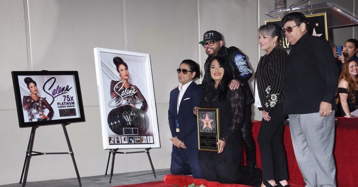 (l-r): Chris Perez, A.B. Quintanilla, Suzette Quintanilla, Marcella Quintanilla, and Abraham Quintanilla at Selena's star ceremony.