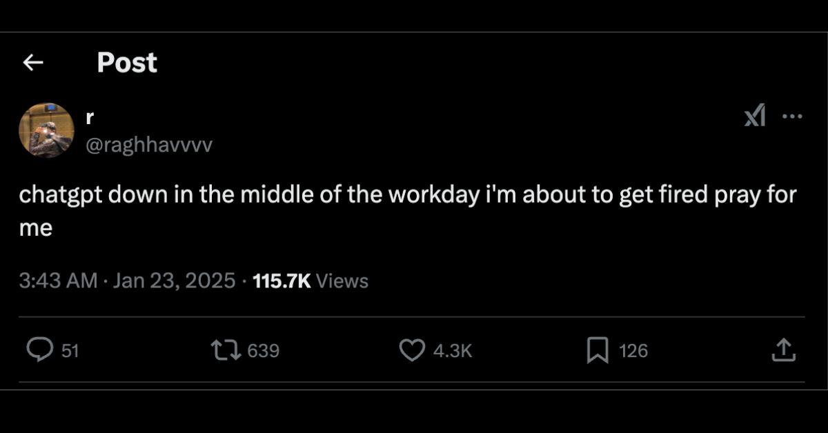 A tweet about a user worried that he will get fired because ChatGPT is down. 