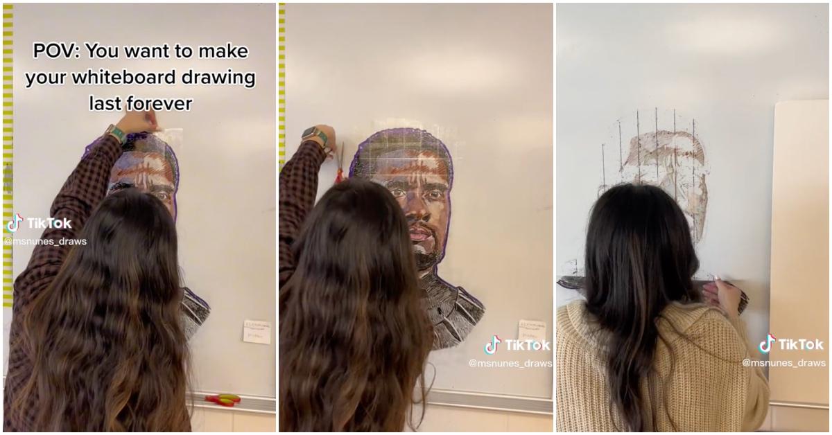 Ms. Nunes on TikTok shows off her teacher hack to preserve students' whiteboard drawings.