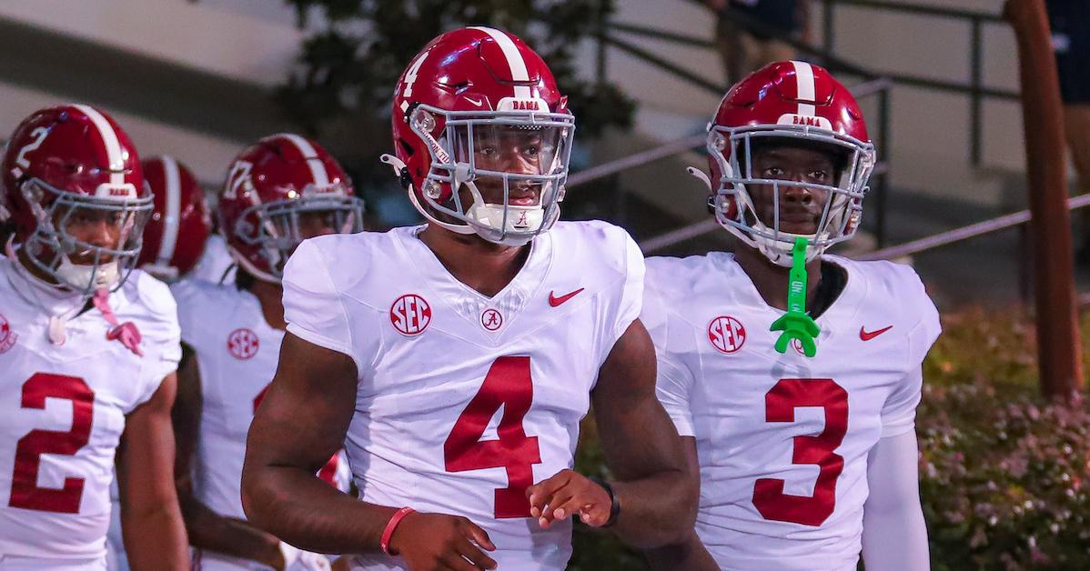 Alabama Crimson Tide quarterback Jalen Milroe (4) and Alabama Crimson Tide defensive back Terrion Arnold (3) walk onto the field before the game between the Mississippi State Bulldogs and the Alabama Crimson Tide on September 30, 2023 at Davis Wade Stadium at Scott Field in Starkville, MS