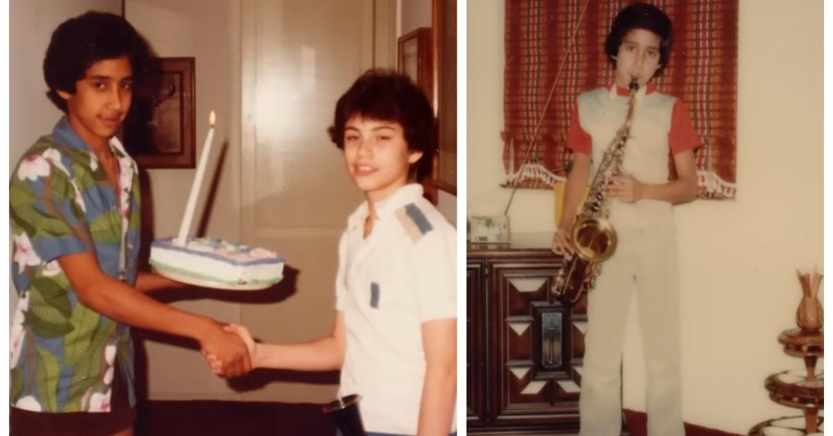 (L-R): Cleto Escobedo and Jimmy Kimmel as kids; Cleto Escobedo playing the saxophone