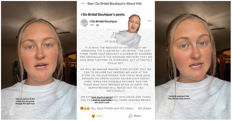 A woman discussing a bridal salon closing