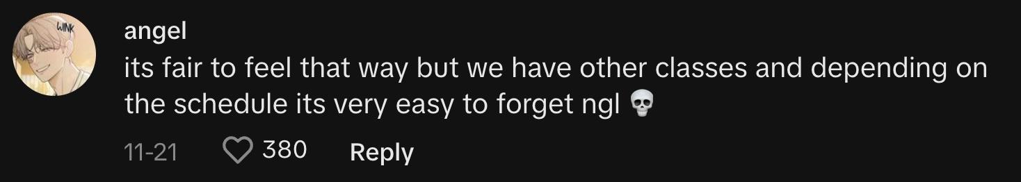 "It's fair to feel that way but we have other classes and depending on the schedule its very easy to forget ngl 💀"