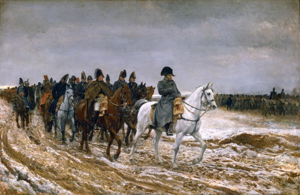 Napoleon riding a white horse with other troops