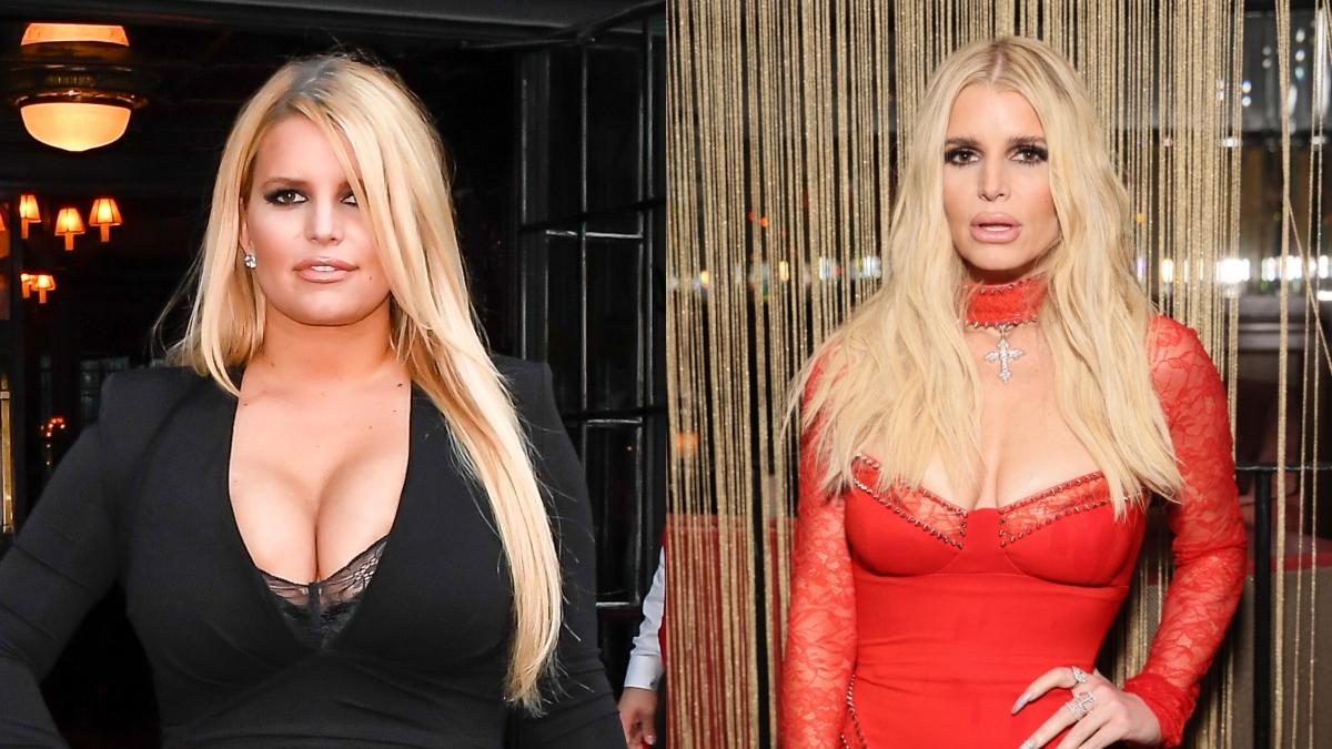 Jessica Simpson in black dress in 2019 and in 2024 wearing red dress