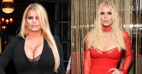 Jessica Simpson in black dress in 2019 and in 2024 wearing red dress