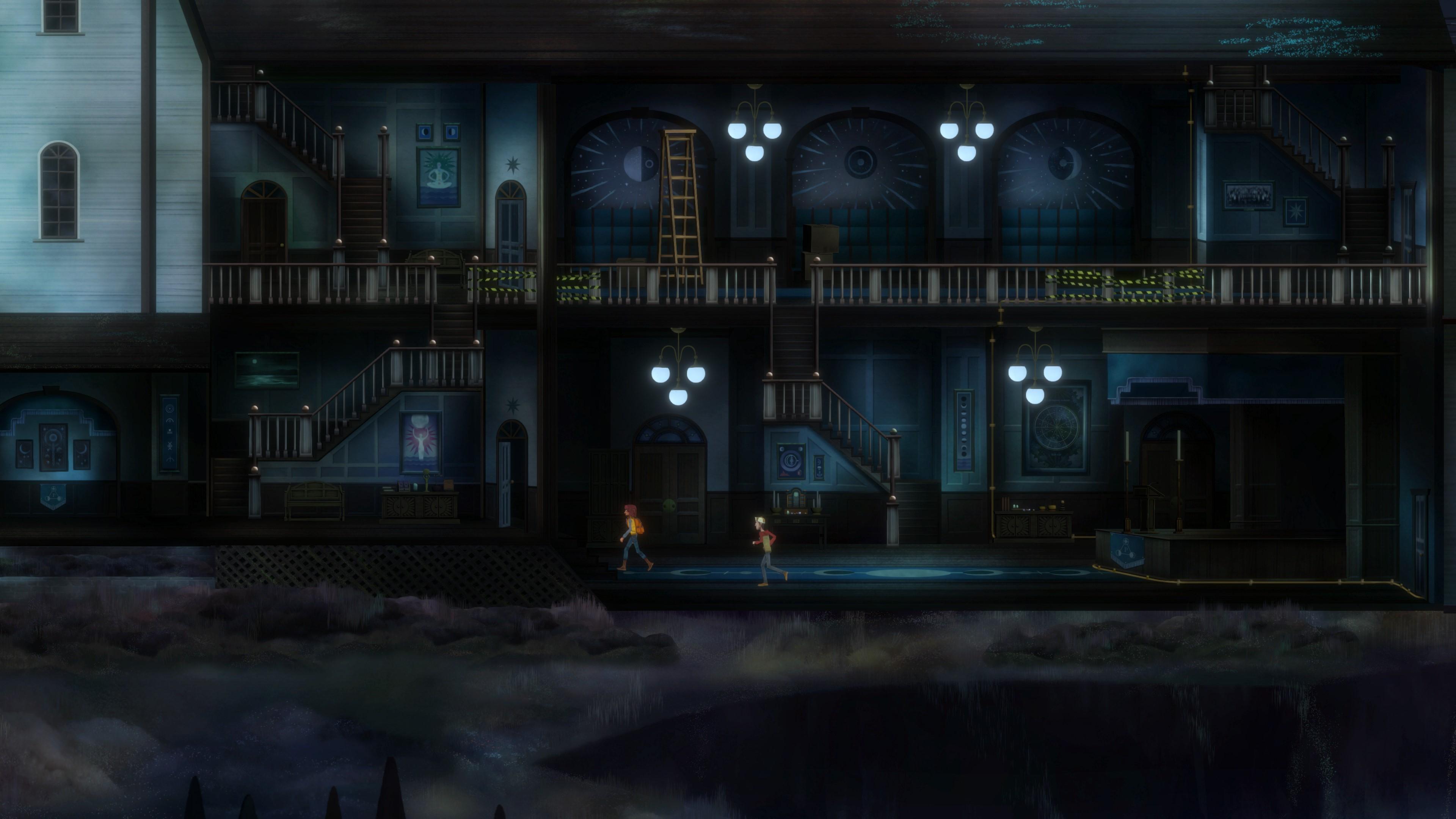'OXENFREE II' Riley and Jacob solving puzzles inside a dark building.